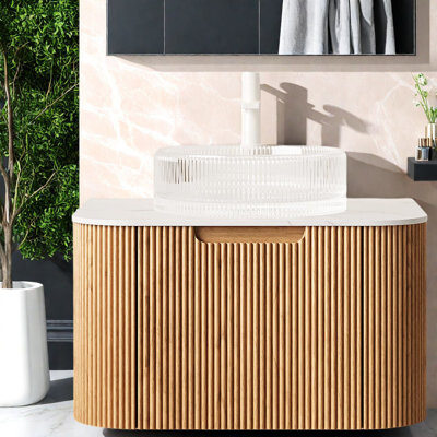 Wrought Studio Contemporary Woodgrain Vanities With Curved Cabinet And Glass Sink