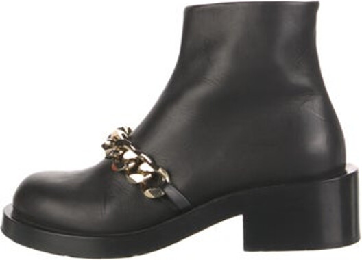 Givenchy Leather Ankle Combat Boots Black Round-Toes with Chain-Link Accents Concealed Zip Closure at Sides Designer