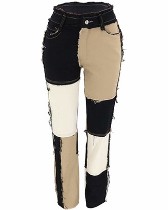 HONGBI Women's Patchwork Mid Waist Jeans Distressed Straight Denim Pants Color Block Pencil Denim Pants Coffee S