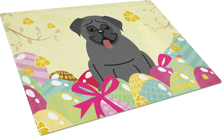 Carolines Treasures BB6006LCB Easter Eggs Pug Black Glass Cutting Board Large, 12H x 16W, multicolor