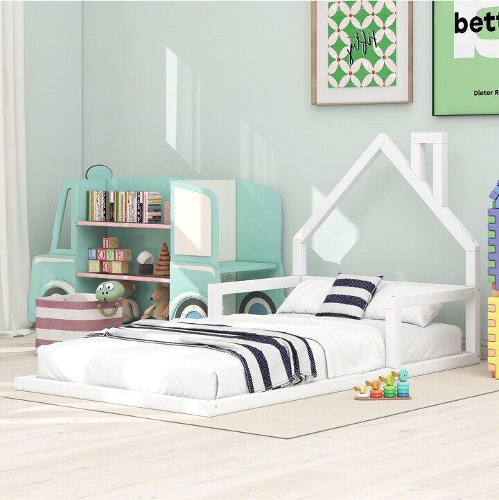flynama Wood Floor Bed House Shaped Headboard Chimney Pine Wood Mdf