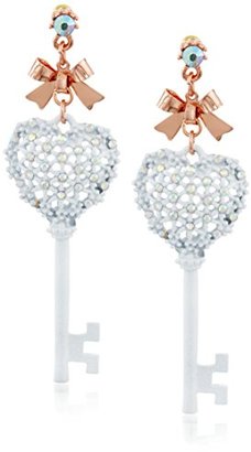 Betsey Johnson White Hearts" Heart Key Drop Earrings