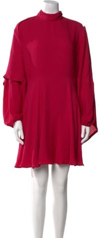 Valentino Silk Shift Dress Red Pleated Accents Long Sleeve with Turtleneck Concealed Zip Closure at Back Designer