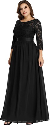 Ever Pretty Ever-Pretty Women's A Line 3/4 Sleeves Round Neck Lace Floor Length Elegant Plus Size Formal Dresses Dark Green 26UK