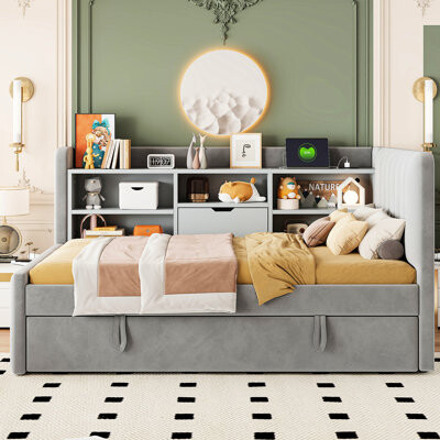 Latitude Run Twin Size Upholstered Daybed With Trundle Multiple Open Shelves Ports For Space - Saving Bedroom In Pull Out Shelves And Power Outlet Comfort
