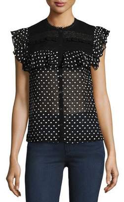 Rebecca Taylor Moon Dot Sleeveless Embroidered Top, Black-White