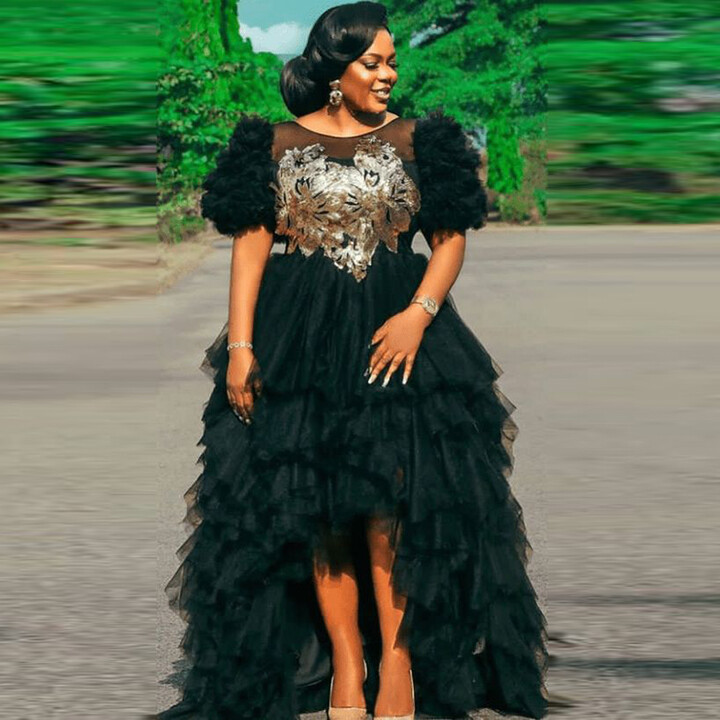 QFLGSQ Evening Gowns Robe De Soiree Party Dress Aso Ebi Black High Low Prom Dresses Tulle Ruffles Short Sleeves Aso Ebi Arabia Tiered