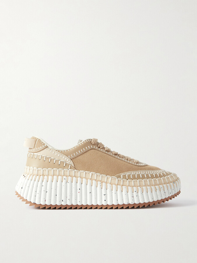 Chloé Nama Embroidered Suede And Recycled-mesh Sneakers - Neutrals