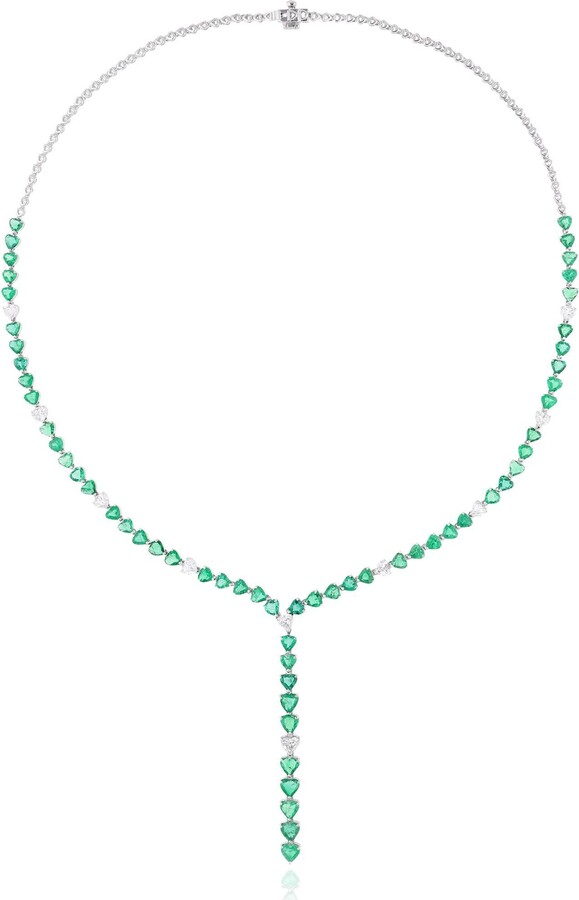 Spectrum Jewels Heart Shape Zambian Emerald & Diamond Necklace 18 Karat White Gold Fine Jewelry