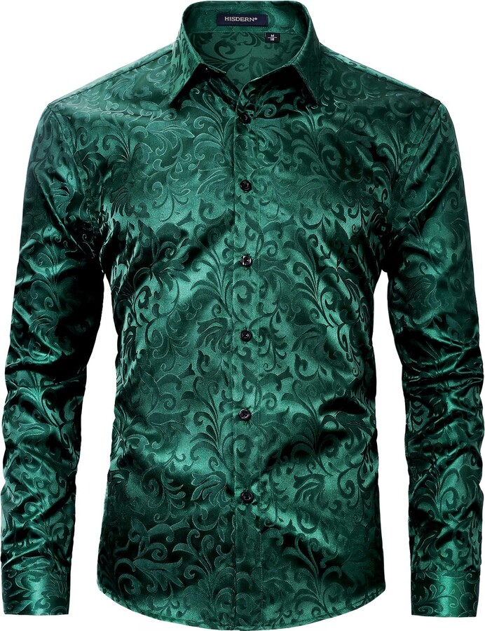 HISDERN Men's Green Shirts Satin Button Down Dress Shirts Long Sleeve Regular Fit Paisley Silk