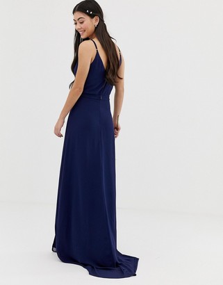 TFNC Petite bridesmaid exclusive cami wrap maxi dress with fishtail in navy