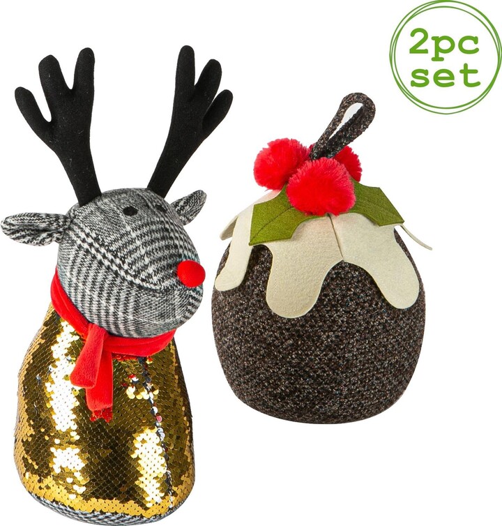 Nicola Spring 2 Piece Christmas Door Stop Set Reindeer & Pudding