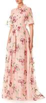Thumbnail for your product : Carolina Herrera Floral-Embroidered Button-Front Short-Sleeve Evening Gown