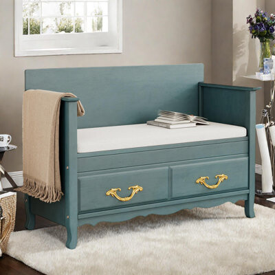 Retro Bench With Removable Cushion, Hidden Storage Space, Brass Handles And Intricate Carved Accents