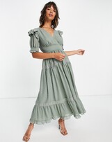 Thumbnail for your product : ASOS DESIGN wrap-front lace insert dobby midi tea dress in sage green