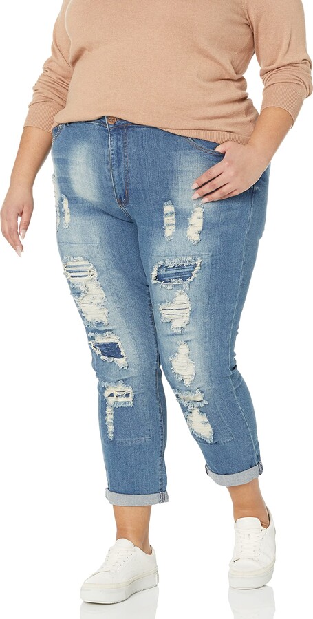 CG Jeans Women's Plus Size Distressed Cropped Skinny Jeans Light Blue Wash 