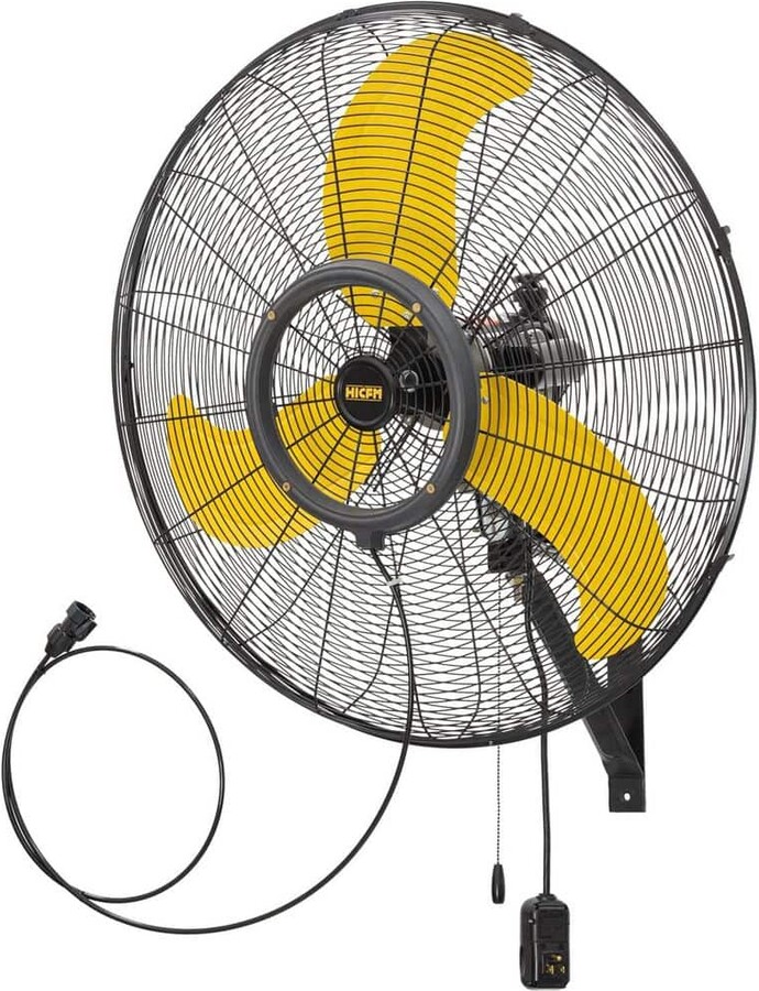 WOCK HiCFM 30 in. Yellow Misting Outdoor Oscillating Weatherproof Mounted Wall Fan, 9300 CFM, IP44 Motor, GFCI Plug, 3-Speed