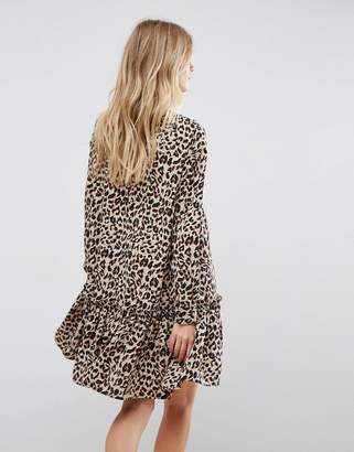 ASOS Smock Pep Hem Dress In Leopard Print