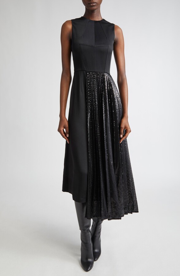 Pleated Sequin Overlay Satin Sheath Dress