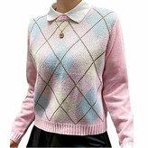Thumbnail for your product : Ycyu Women 's Argyle Knitted Plaid Sweater Vintage Preppy Style Long Sleeve V-Neck Button Cardigan E-Girls 90s (Pink A L)