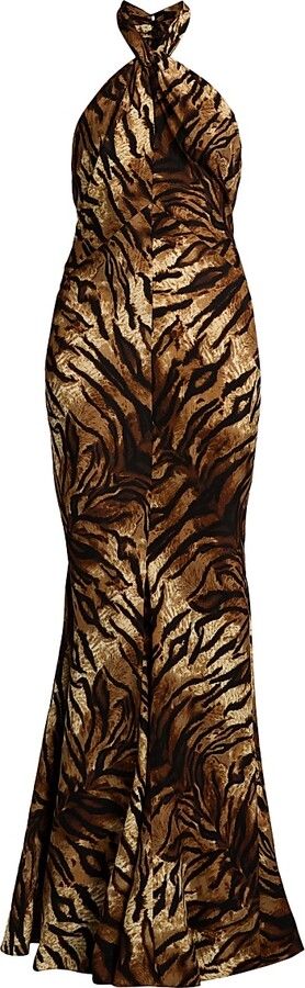 Women's Affina Zebra Print Silk Halterneck Dress - Tigers Eye - Size XS
