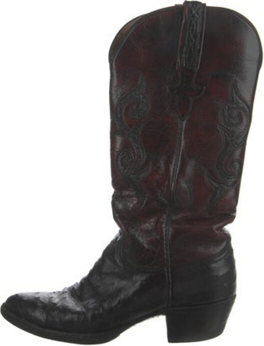 Lucchese Leather Mid-Calf Western Boots Red Graphic Print Semi-Pointed Toes with Embroidered Accent Designer