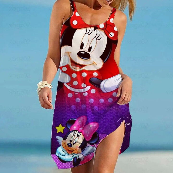 Women & apos;s Beach Dress Disney-Mickey/Minnie Mouse Cartoon Dress Boho Elegant Dresses For Women Summer 2022 Printed O-Neck Top 2022