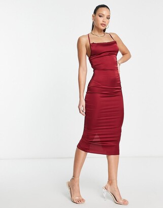 NaaNaa Tall satin slip midi dress with cowl front in burgundy - ShopStyle
