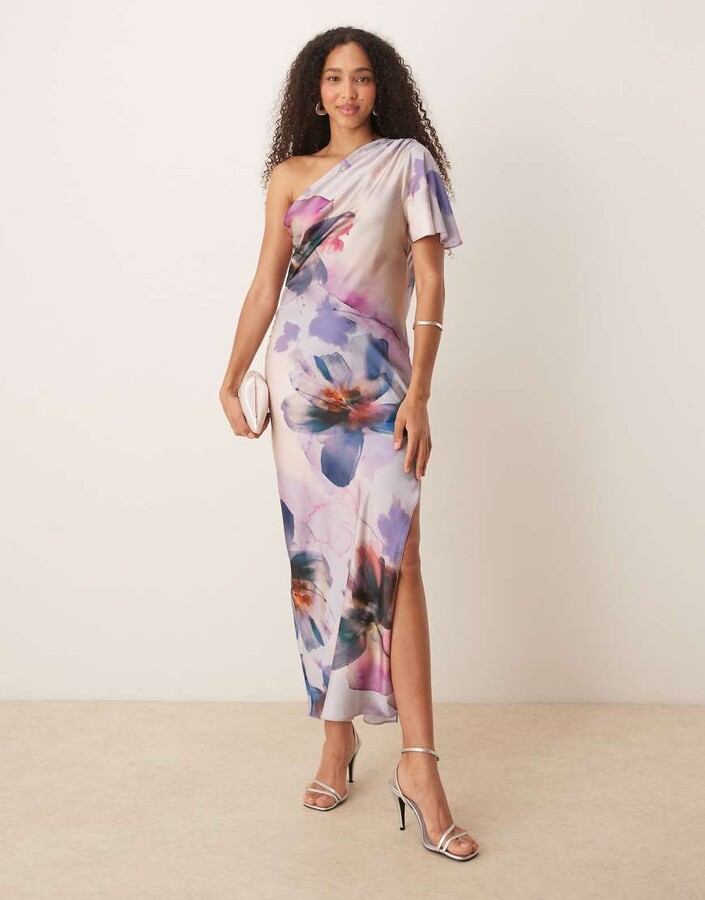 ASOS DESIGN satin one shoulder flutter sleeve midi dress in painted floral