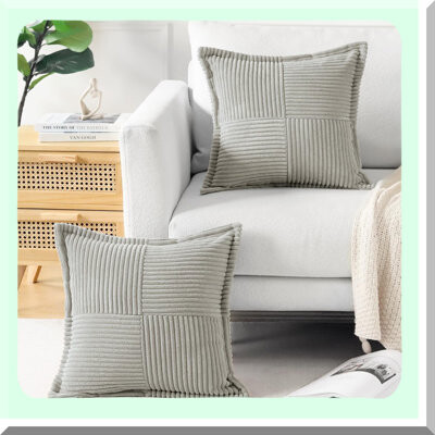 BRBCA Boho Stripe Corduroy Throw Pillow Set - Super Soft Splicing Decorative Covers for Couch Sofa Bed - Broadside Textured Living Room Pillows - Light Grey