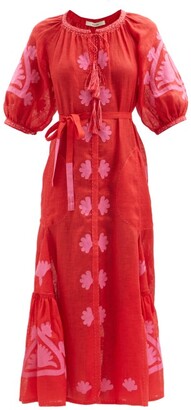 Vita Kin Shalimar Floral-appliqué Linen-voile Midi Dress - Red Multi