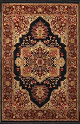 Bloomsbury Market Black-Beige Themed Traditional Motif Ethnic Floral Patterned Creative Vintage Decorative Rug