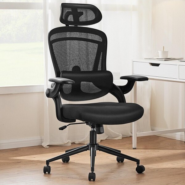 LynginsHighBackOfficeChairDeskChairwithAdjustableLumbarSupport&HeadrestMeshComputerChairwithFlipUpArms120¡ãTiltforOfficeBlack