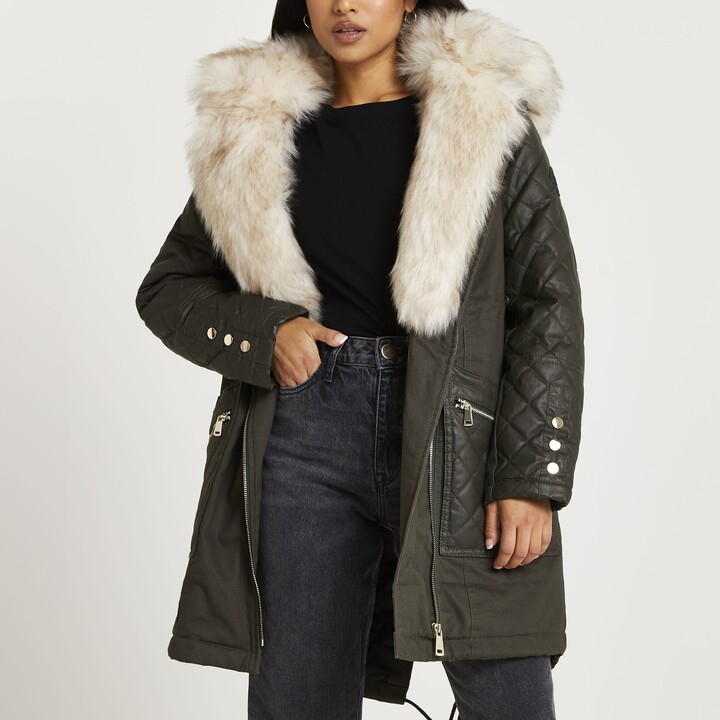 River Island Womens Petite Khaki faux fur lined parka coat - ShopStyle