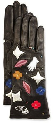 Agnelle Emblem Embroidered Leather Gloves, Black