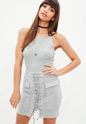 Missguided Gray Faux Suede Lace Up Front Mini Skirt