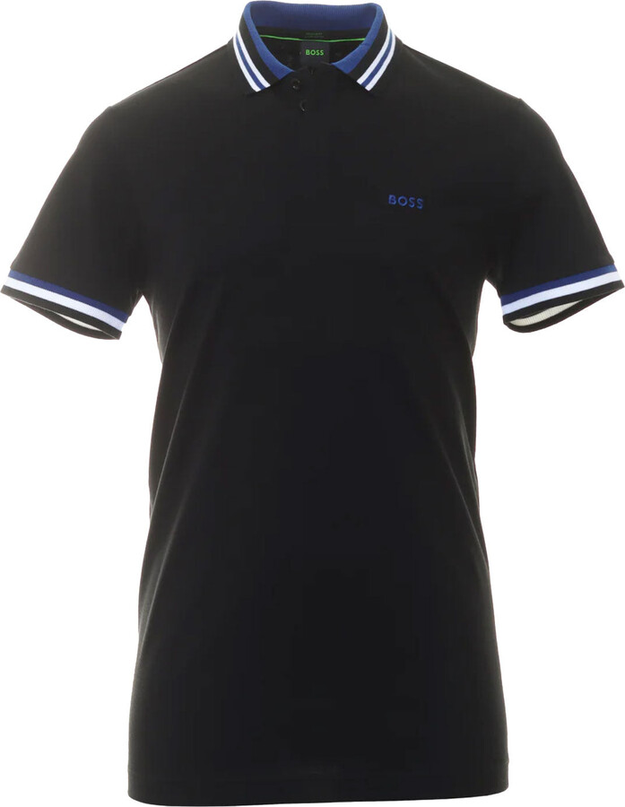HUGO BOSS Men's Paddy 2 NCSA Navy Blue Short Sleeve Cotton Polo T-Shirt with Light Blue Ribbed Knit Collar