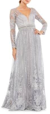 Mac Duggal Floral Embroidered Illusion-Neck Gown