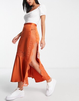 ASOS DESIGN satin midi slip skirt with lace inserts in orange - ShopStyle