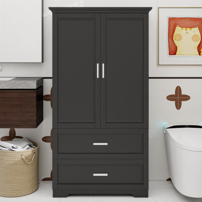 Lark Manor Tall Bathroom Storage Cabinet, Cabinet With Two Doors And Drawers, Adjustable Shelf, MDF Board, Black