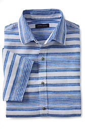 Lands' End Lands' End Men's Traditional Fit Short Sleeve Linen Print Buttondown Shirt-Lily Pond Textured Stripe