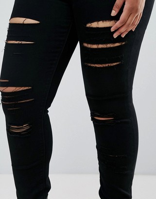 ASOS DESIGN Curve high rise ridley 'skinny' jeans in black with shredded rips