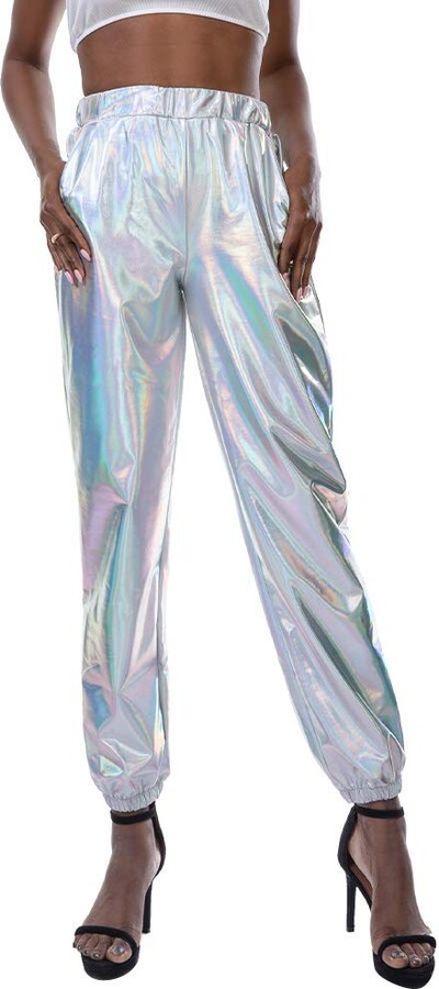 FYMNSI Women's Alien Costume Shiny Metallic Wetlook Crop Top + Mini Skirt + Headband 3-Piece Set Carnival Fancy Dress, 1# Silver