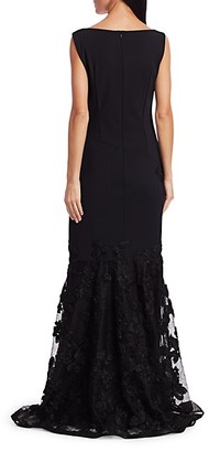 Teri Jon by Rickie Freeman Floral-Embroidered Tulle Soutache Hem Scuba Gown
