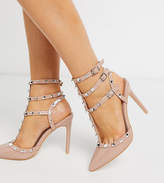 Thumbnail for your product : Public Desire Wide Fit Stush studded heeled court shoe in blush patent