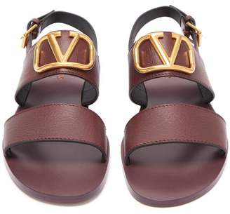 Valentino V-logo Double-strap Leather Sandals - Womens - Burgundy