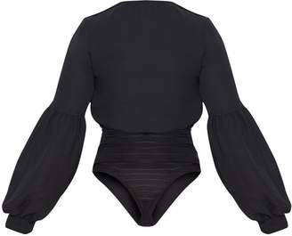 PrettyLittleThing Petite Wila Black Woven V Neck Puff Sleeve Thong Bodysuit