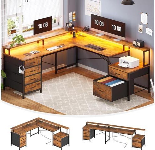 Xelite SEDETA L Shaped Desk with 6 Drawer, 108' Home Office Desk with File Drawer & Power Outlet, Corner Computer Desk with Monitor Shelf, Two Person...