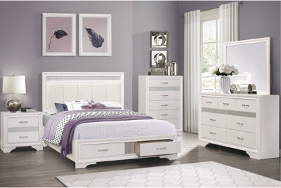Latitude Run Modern Queen Bed With Upholstered Faux Leather Headboard, Storage And Drawers, Style, White Finish, Silver Glitter Accent, Wooden Frame Platform Headb