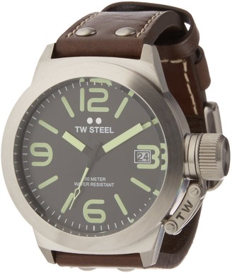 TW Steel Unisex Quartz Watch with Black Dial Analogue Display and Brown Leather Strap